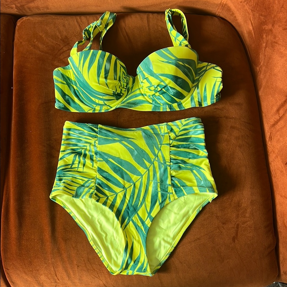 High Waisted Tropical Leaf Print Bikini Set